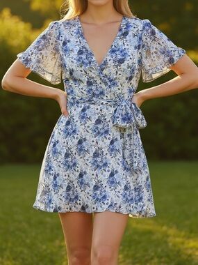 Miami for Francesca Blue Floral Wrap Dress with Ruffle Sleeves